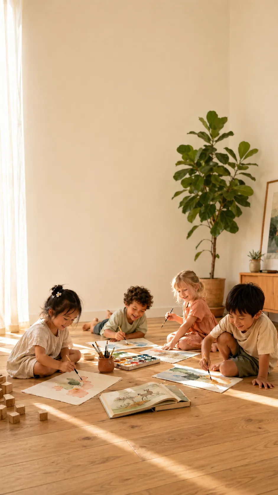 Four young children seated on a sun-lit oak floor, painting watercolours together at home