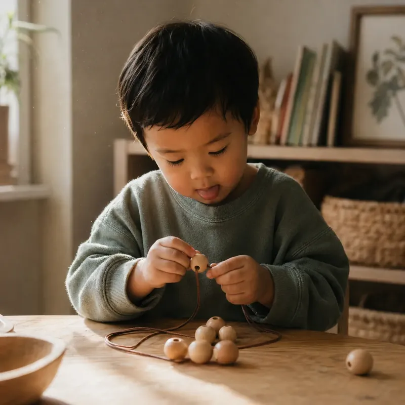 Three-year-old boy in a sage cotton jumper threading wooden beads onto a leather cord, deep concentration