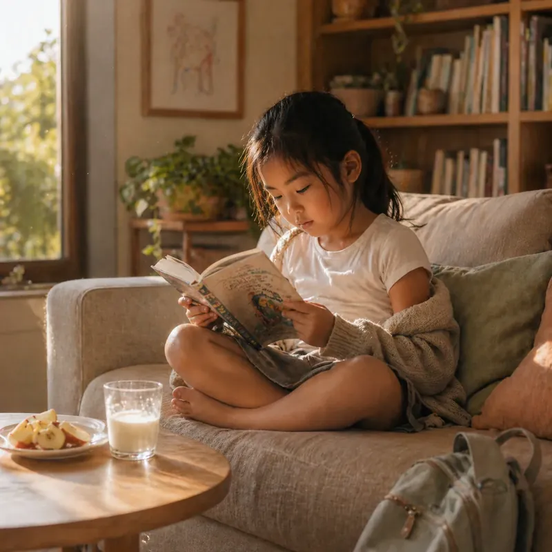 School-aged girl curled cross-legged on a couch reading a chapter book after school, late-afternoon window light