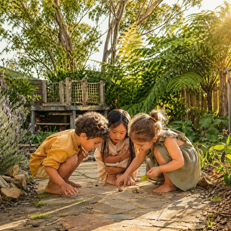 Three young children crouched together on a flagstone garden path, examining a leaf in the dappled afternoon light