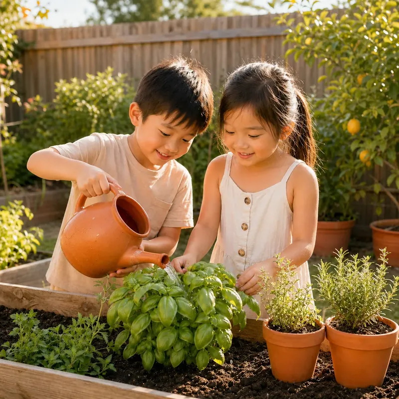 Two children watering basil and herbs in a raised wooden garden bed with terracotta pots